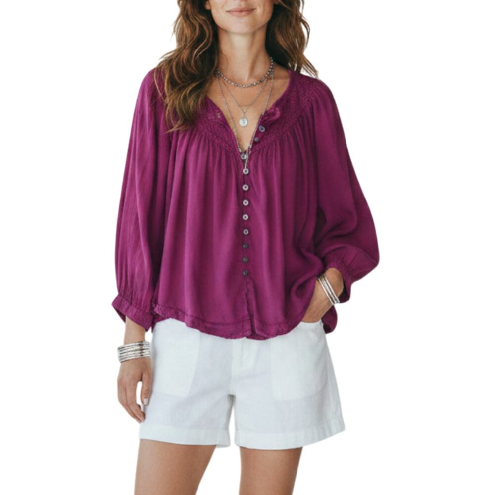 FREE PEOPLE Flowy Pintuck Blouse Sz XS Purple Boho Coastal Breezy Festival Beach